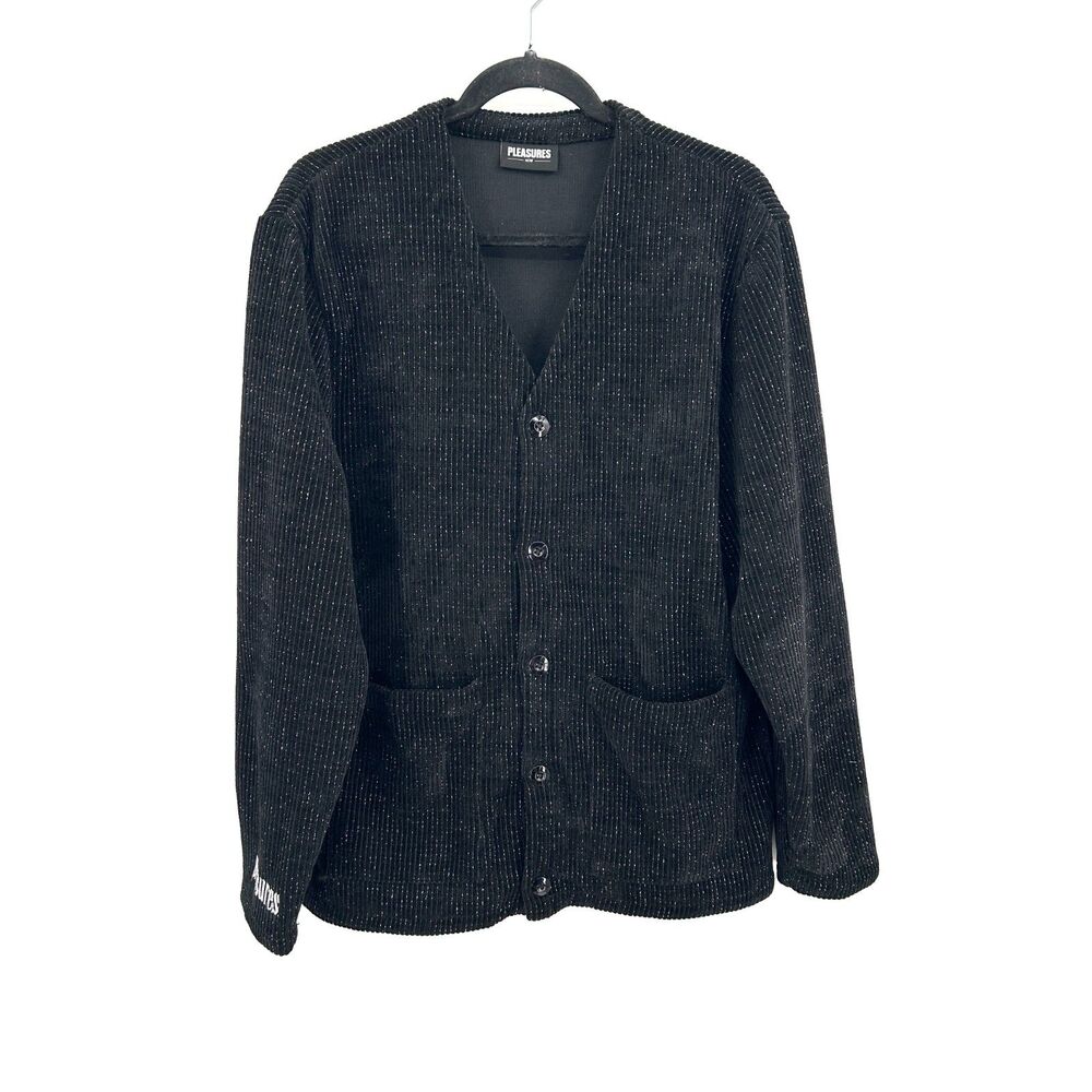 PLEASURES Men's Black Glitter Ribbed Knit Button Up Cardigan Sweater Size Medium
